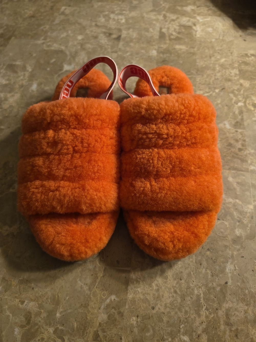 Plush Womens Slide Slippers in Bright Orange with Elastic Heel Strap